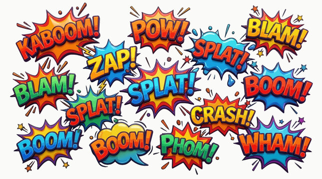 Retro pop art sound effect stickers in various colors.