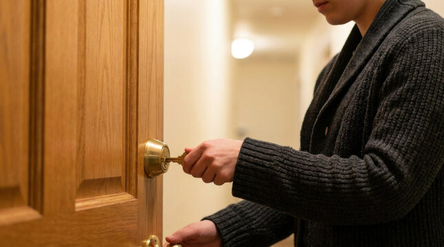 Door lock key lock brass home interior security entry resident turning deadbolt wooden door apartment hallway closeup access privacy domestic knob