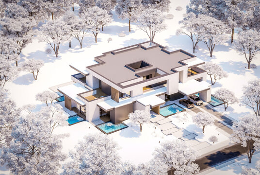 3D render of a luxury modern villa in winter.