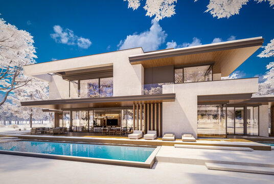 3D render of a luxury modern villa in winter.