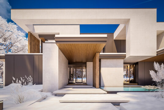 3D render of a luxury modern villa in winter.