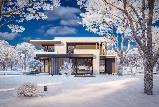 3D render of a luxury modern villa in winter.