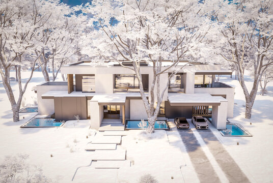 3D render of a luxury modern villa in winter.