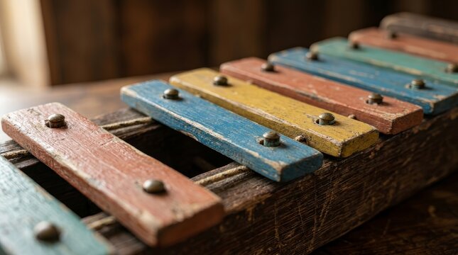 Charming musical instrument featuring a rustic wooden xylophone and colorful bars.
