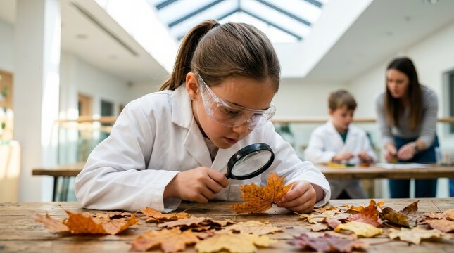 Educational science scene featuring a curious child exploring leaves with a magnifying glass.