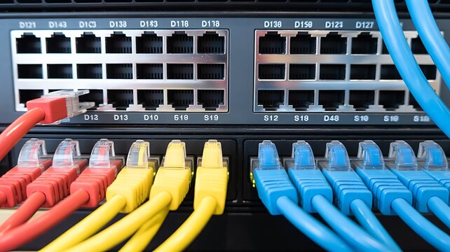 Network switch with colorful ethernet cables connected for data transfer during technology operation