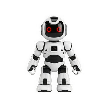 Small white robot toy with glowing red eyes standing in a neutral position isolated on transparent background