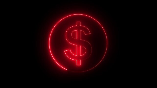 Neon rad dollar sign icon animation glowing us currency finance money bank on a transparent