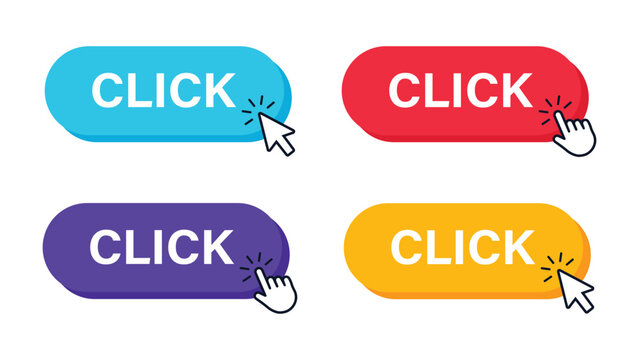 Set of four colorful web buttons with the word click and cursor icons