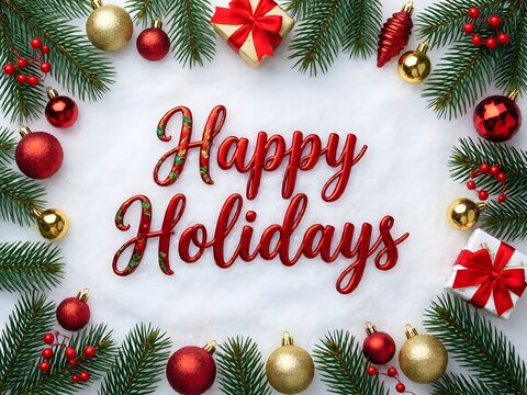 Christmas wreath frame composition with bauble ornament decorations, red bow ribbons, pine branches, and snow text background for seasonal greeting card.