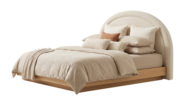 Minimalist upholstered bed with arched headboard, modern beige linen bedding set, contemporary wooden platform bed frame for luxury bedroom interior isolated PNG with Transparent Background