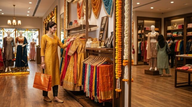 A woman shopping for traditional indian ethnic wear in a boutique store, browsing through colorful sarees and lehengas, holding a shopping bag, elegant festive clothing display