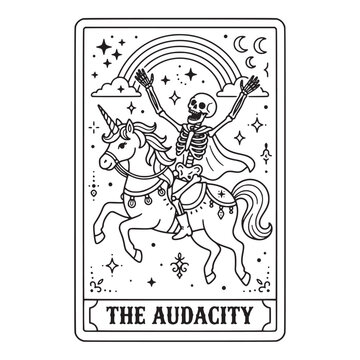 The audacity, skeleton riding a magical unicorn with a rainbow and stars, tarot card style black white