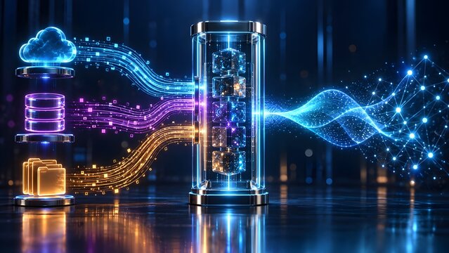 Digital data stream flowing from cloud and servers into a central processing unit creating a network wave