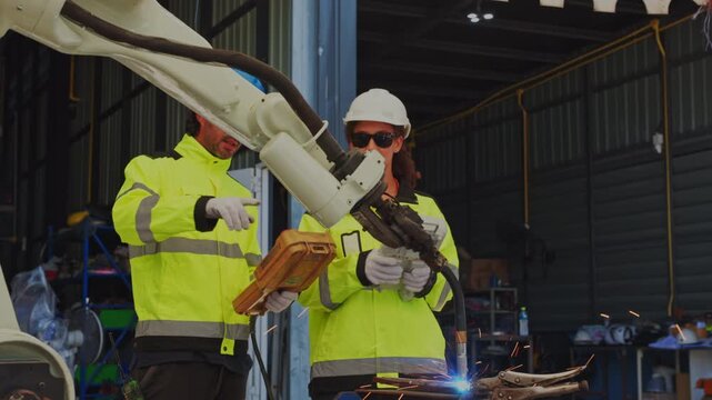 High Visibility Worker and Technician Operate Industrial Robot Arm for Metal Welding in Workshop as Industrial Workers Inspect Machinery Wearing Protective Safety Equipment