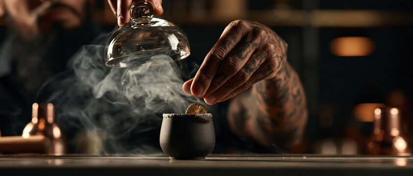 Theatrical mixology moment tattooed hands place a dehydrated citrus garnish on a smoked cocktail in a matte black cup. Glass cloche lifts, releasing dramatic smoke in moody copperlit bar.