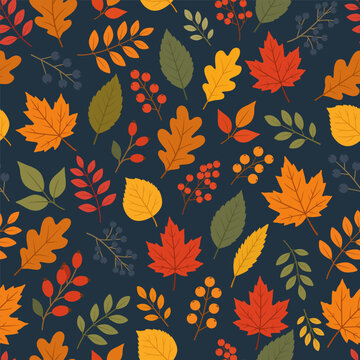 Vector seamless autumn pattern featuring hand-drawn, colorful autumn leaves, twigs, and forest berries on a dark background.