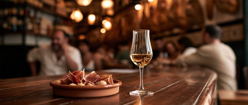 Warm golden ambiance of an intimate tapas bara tulip wine glass beside a clay plate of cured ham invites slow evenings, social dining, and Mediterranean gourmet culture.