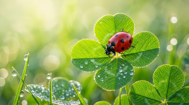 A bright red ladybug resting on a lucky four-leaf clover with dew drops.