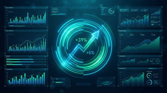 Business intelligence interface showing data visualization and positive growth trends.