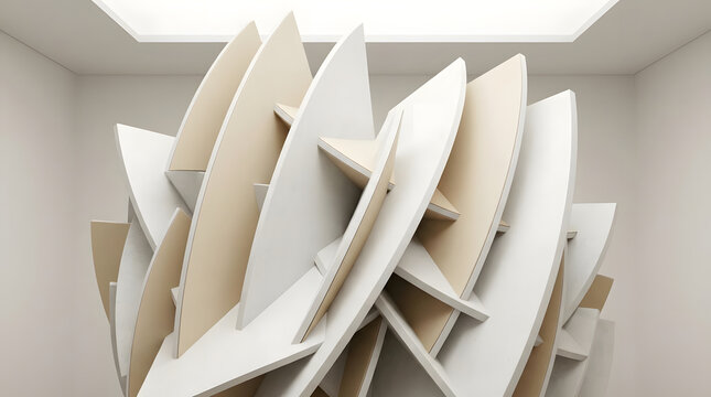 A minimalist abstract sculpture made of white and beige curved panels displayed in a bright modern art gallery room.