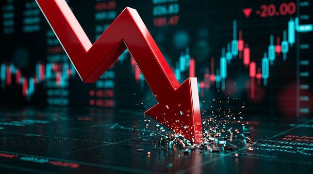 A red arrow falls sharply on a financial graph signaling an economic downturn.