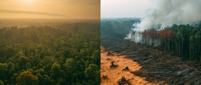 An epic cinematic split-screen aerial photograph, contrasting a vibrant green rainforest canopy on one side with a devastated zone of deforested land, cut logs, and active wildfire smoke on the other.