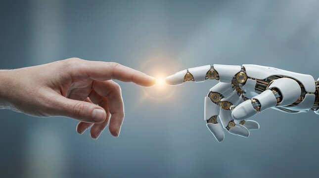 Conceptual high tech digital photograph of a human hand and a robotic finger touching.