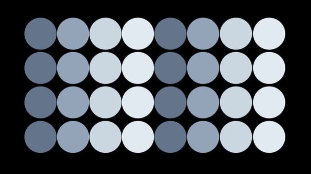 4K abstract animation of white and grey circles arranged in a grid pattern on a black background. Seamless loop video with smooth grayscale gradient effect. 