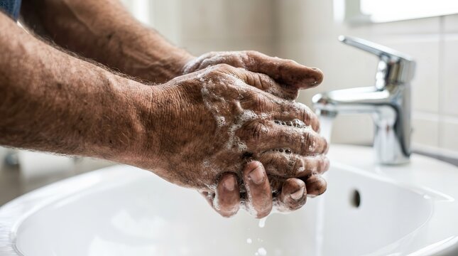 Manual worker washing dirty hands with soap for hygiene after a hard day's work.