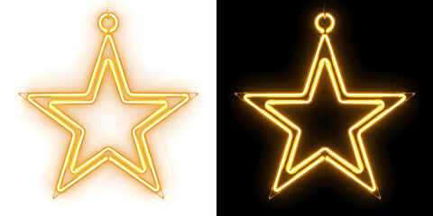 Christmas neon double outline golden star with a hanging loop and warm amber glow for greeting cards in PNG, Transparent and Black Background Versions © Rubel