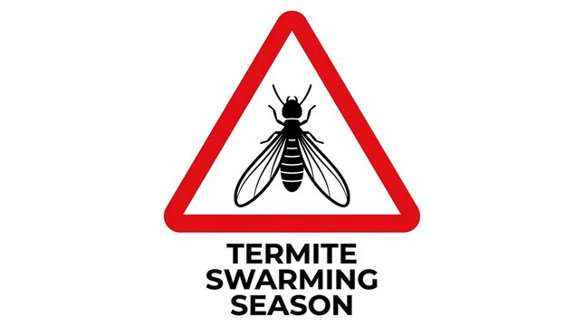 Termite swarming season warning sign with a red triangle and insect icon.