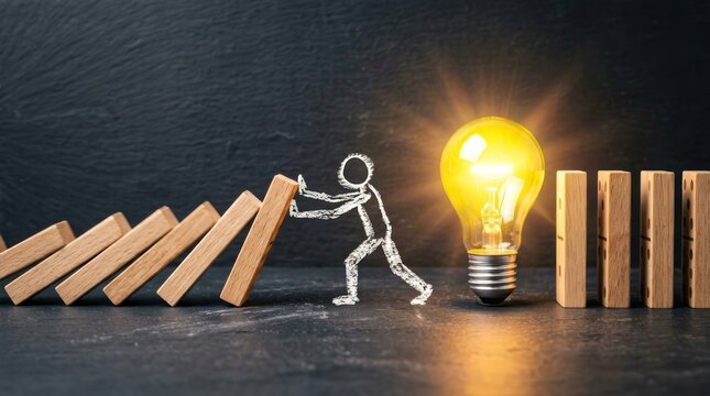 Innovative problem solving shown by a chalk person preventing a domino effect near a bright lightbulb.