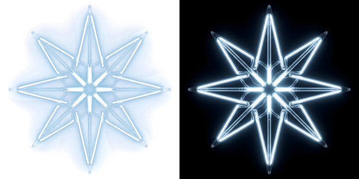 Christmas neon eight point star with icy blue white tubes and a bright glow for greeting cards in PNG, Transparent and Black Background Versions