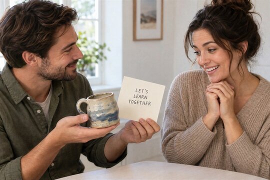 Man Holding a Handmade Mug and a Card Saying Let's Learn Together