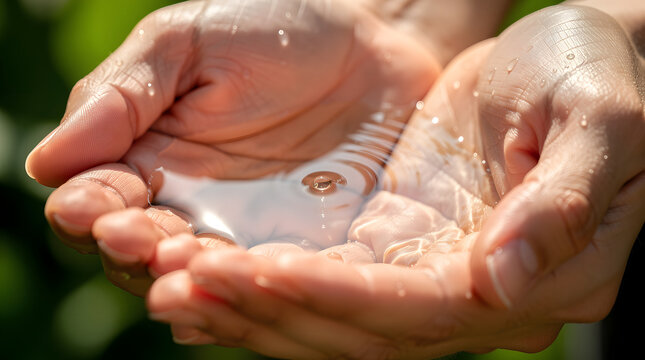Hands cup clear sparkling water that reflects bright sunlight while tiny droplets cling to the skin in a crisp and clean outdoor environment.