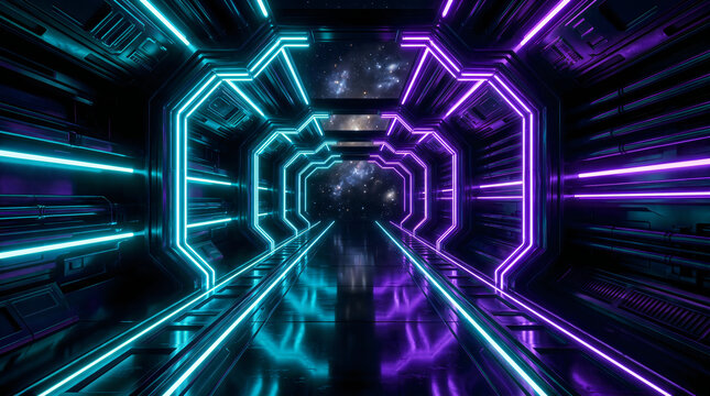 Futuristic neon lit corridor with glowing blue and purple portal frames futuristic hallway sci fi tunnel glowing port
