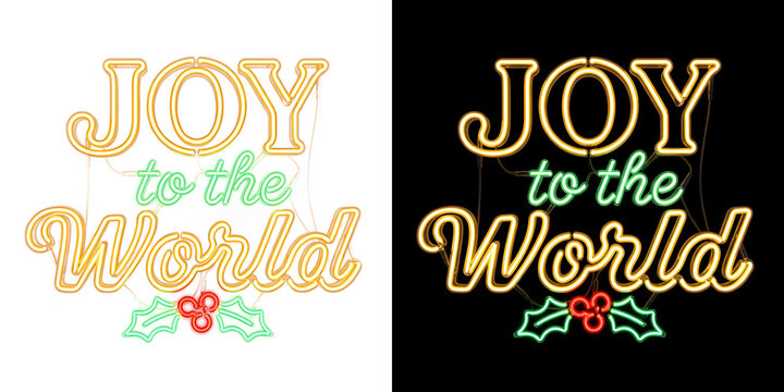 Christmas neon Joy to the World lettering with holly leaves and red berries for greeting cards in PNG, Transparent and Black Background Versions