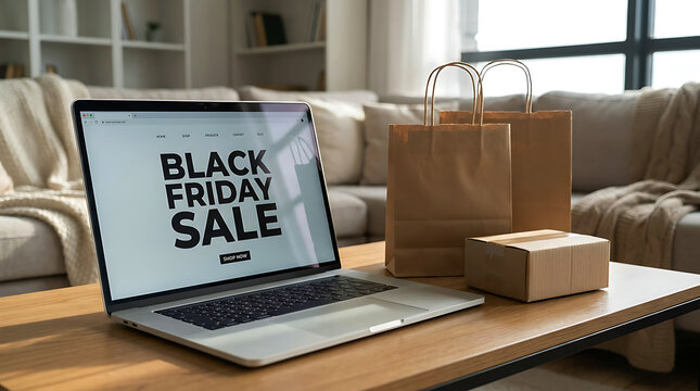 Black Friday online shopping on a laptop with shopping bags on a coffee table