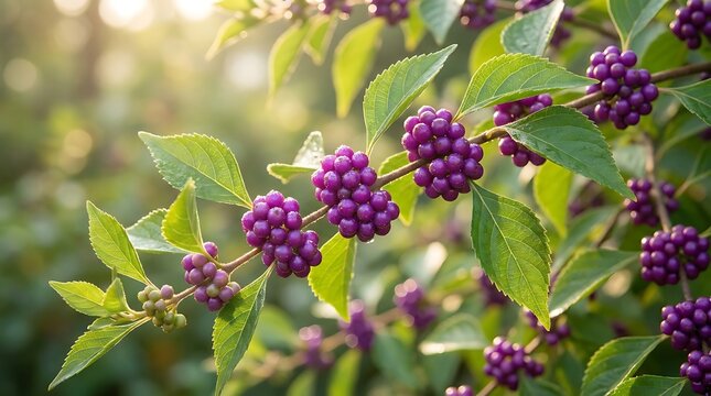 Purple beautyberry fruit clusters on a branch in a sunny garden during autumn. american beautyberry
