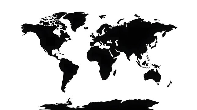Black silhouette world map isolated on white background with continents and oceans for global geography concept