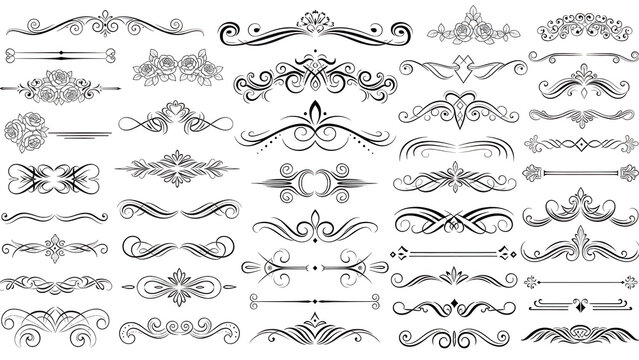 Vintage ornamental dividers set, elegant black filigree flourishes, decorative victorian line art borders for wedding invitations and stationery