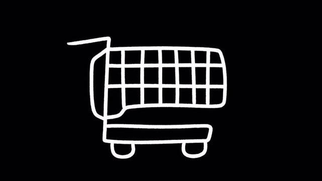 2D Hand Drawn White Outline Shopping Cart Trolley Animation Frame by Frame Overlay with Transparent Background Alpha Channel