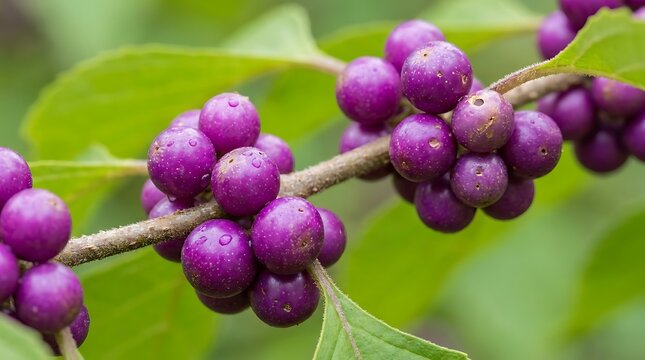 Bright purple beautyberry clusters growing on a branch with green leaves in the summer garden. american beautyberry