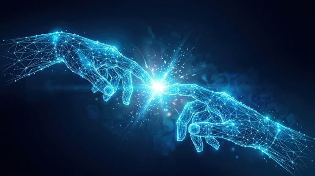 Digital wireframe hands reaching toward each other with glowing light