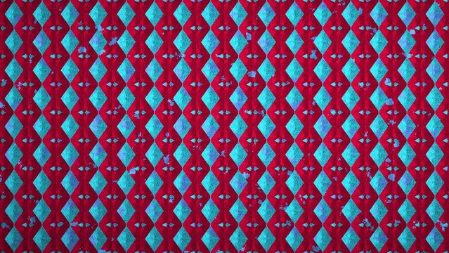 High-resolution 8K abstract procedural image generated with JavaScript. This unique digital background features repeating geometric patterns, including grids, diamonds, and striped bands, overlaid wit