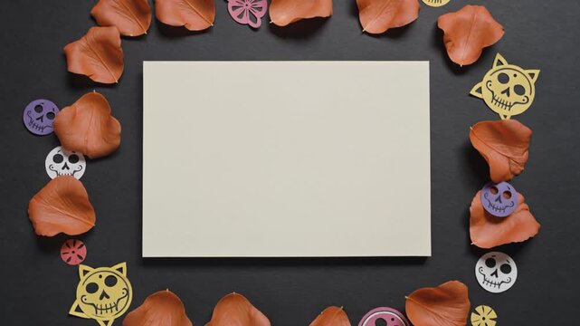 Colorful Day of the Dead decorations featuring orange petals, skull cutouts, and a blank card arranged in a circular pattern on a dark background