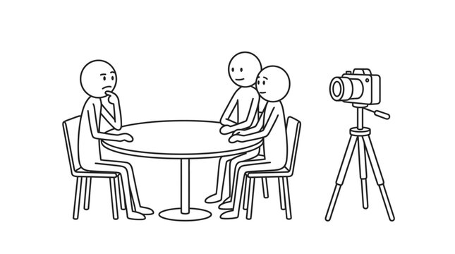 Stick figures in meeting with camera tripod.