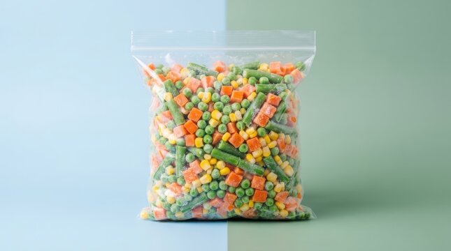 A transparent plastic bag filled with colorful frozen mixed vegetables, including green beans, carrots, peas, and corn, displayed against a split blue and green background