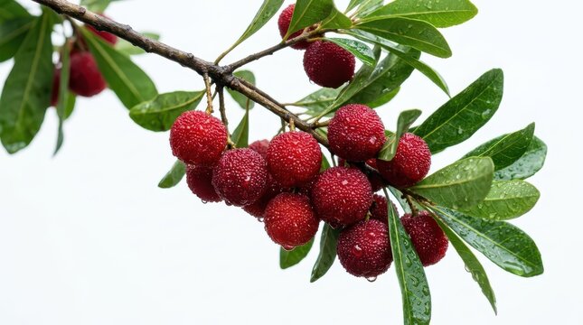 Fresh red bayberries hanging on a tree branch with green leaves, isolated on white background